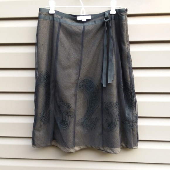 OXMO Skirt Sz 38 Black Embroidered Brw Herringbone - Picture 5 of 8